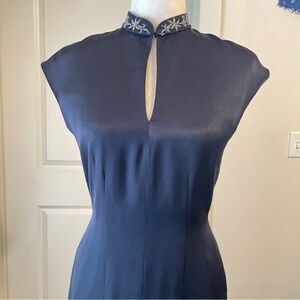 Pamela Dennis Silk High EmbroideredNeck Dark Navy Blue Front Split Dress XS